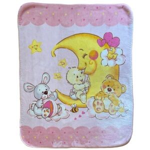 RARE Vintage Solaron Baby Blanket Fleece 46"x54" Moon Bear Bunny Bee Pink